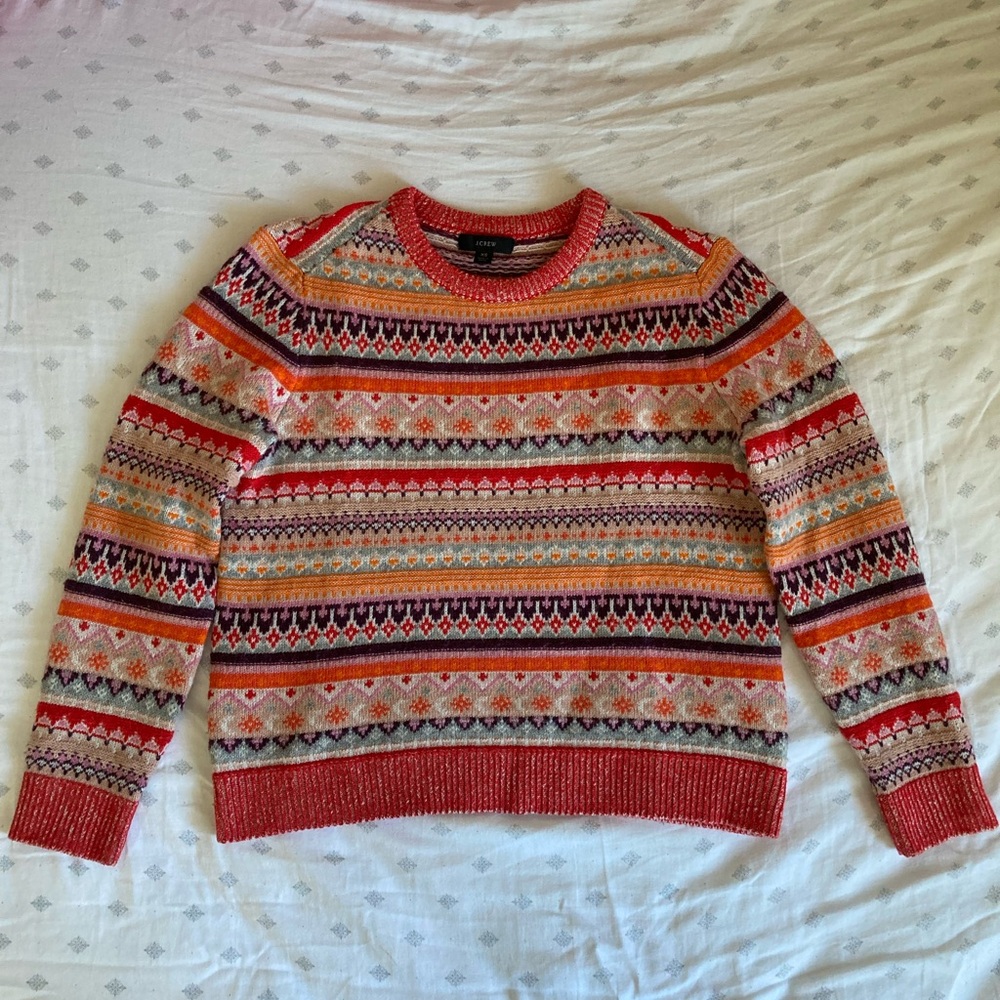 J.Crew Fair Isle Crewneck Sweater in Bright Cerise Peony, Size XS